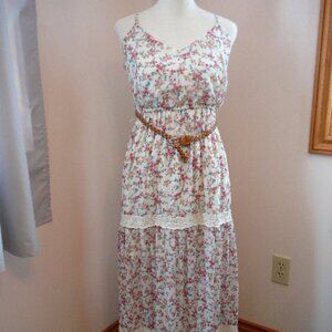 Heartsoul Women's Long Floral Lined Dress VNeck Spaghetti Straps Lace Trim-Small